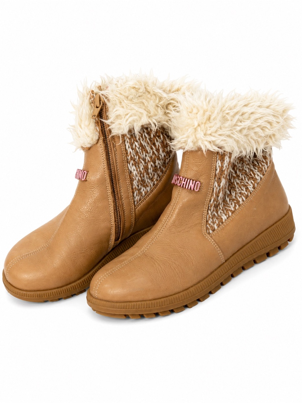 Moschino Tan Faux-Leather Ankle Boots with Cream Faux-Fur Cuff